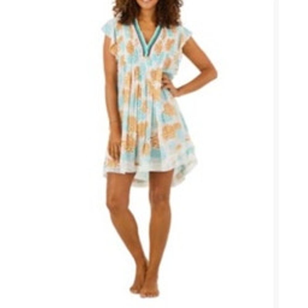 Poupette St Barth Sasha Mini Dress Coral Flowy Floral Fringe Lace Trim Resort - Picture 7 of 7